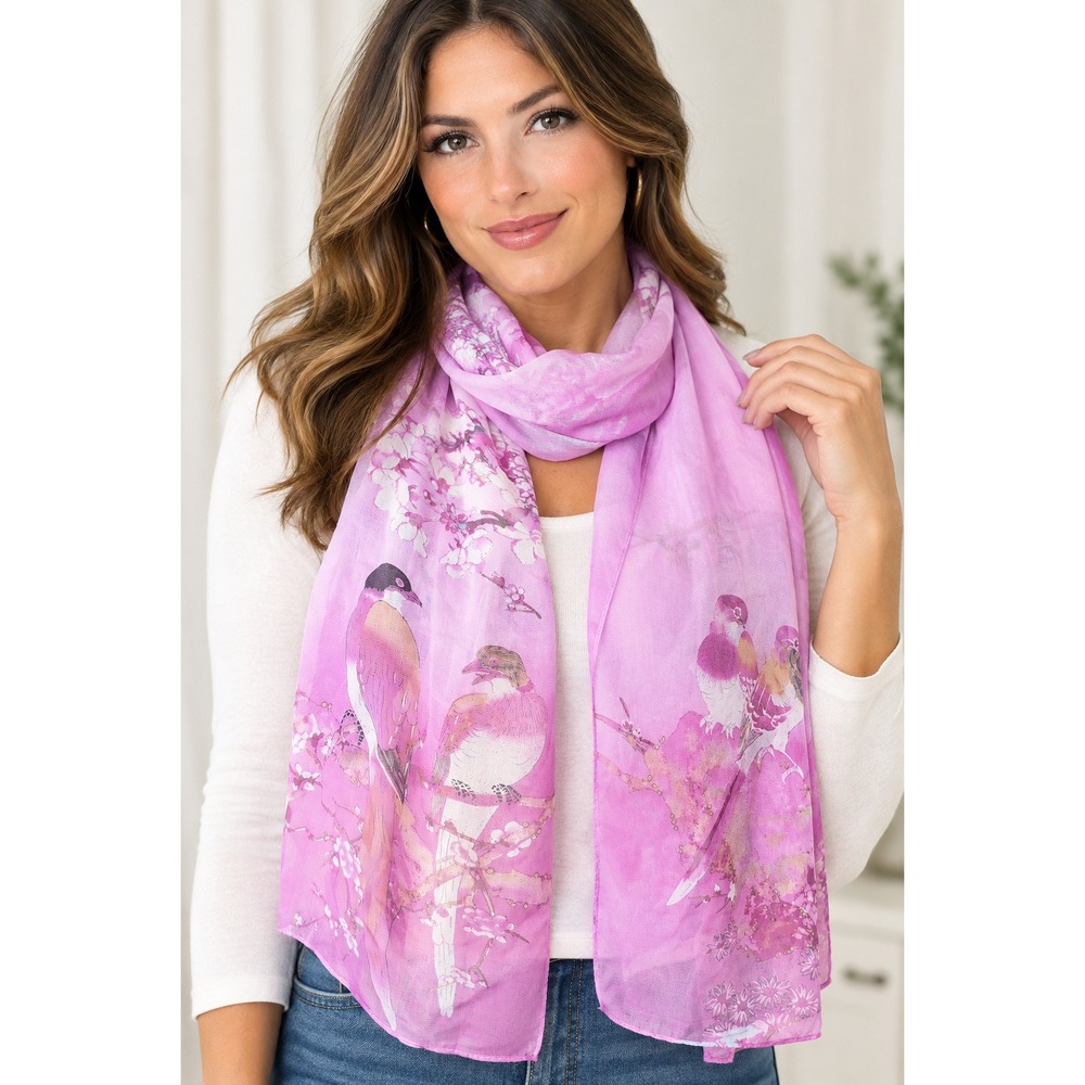 Liang Dian Pink Silk Blend Bird Floral Print Cherry Blossom Oblong Scarf Wrap